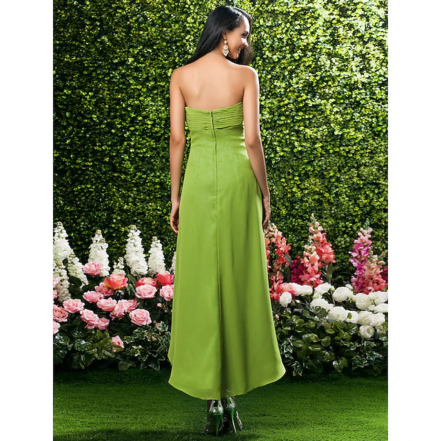 Luolandi Sheath / Column Bridesmaid Dress Sweetheart Neckline / Strapless Sleeveless Open Back Asymmetrical / Tea Length Chiffon