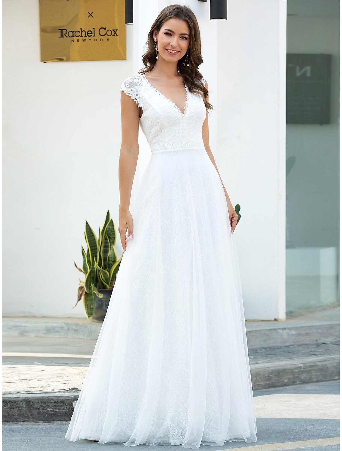 Luolandi Beach Wedding Dresses A-Line V Neck Cap Sleeve Floor Length Lace Bridal Gowns