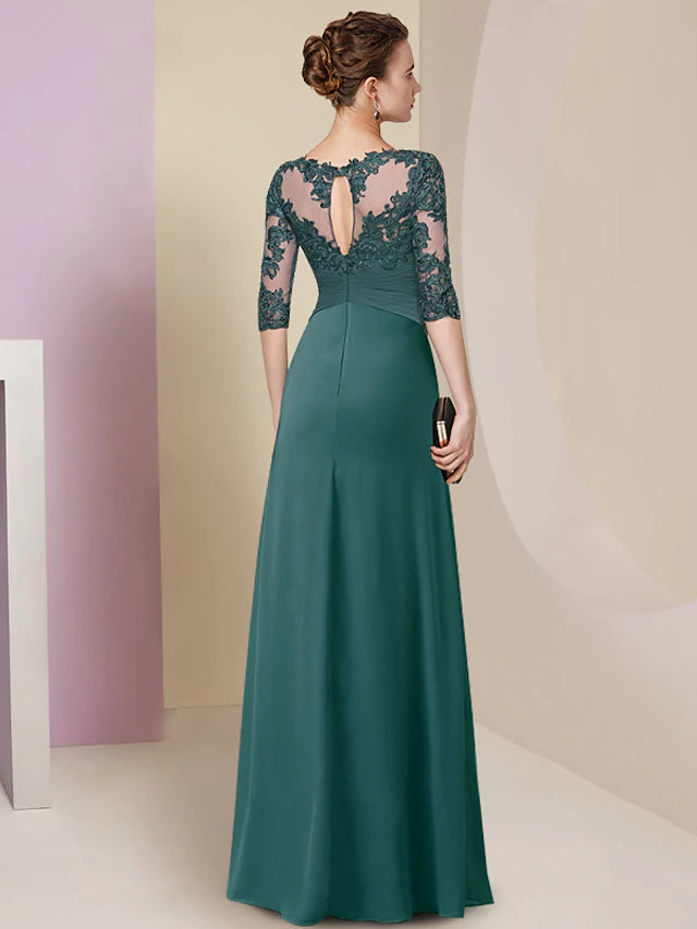 Luolandi Sheath / Column Mother of the Bride Dress Simple Elegant Jewel Neck Floor Length Chiffon Lace Half Sleeve with Pleats