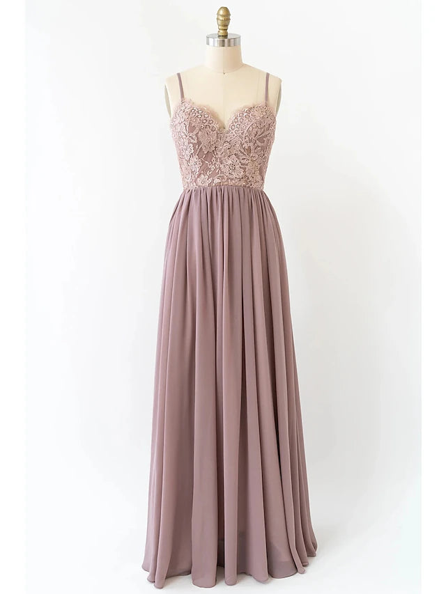 Luolandi A-Line Bridesmaid Dress V Neck Sleeveless Open Back Floor Length Chiffon with Pleats Beautiful