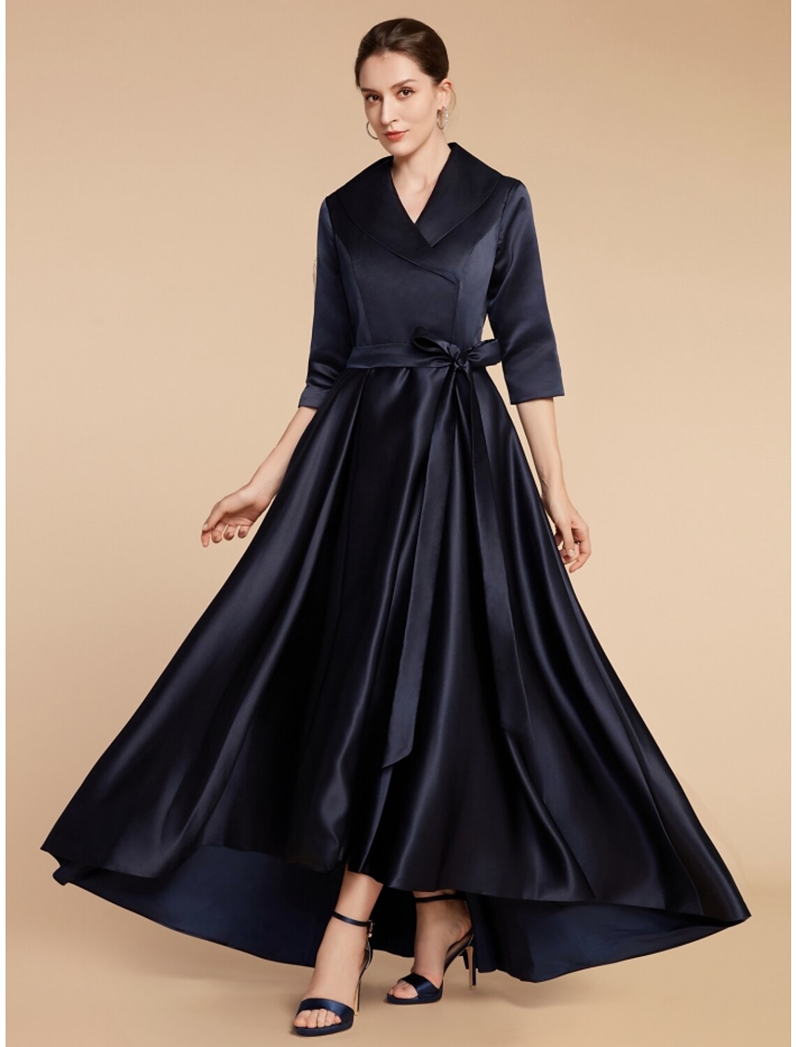 Luolandi A-Line Mother of the Bride Dress Wedding Guest Elegant V Neck Ankle Length Satin Half Sleeve with Sash / Ribbon Ruching