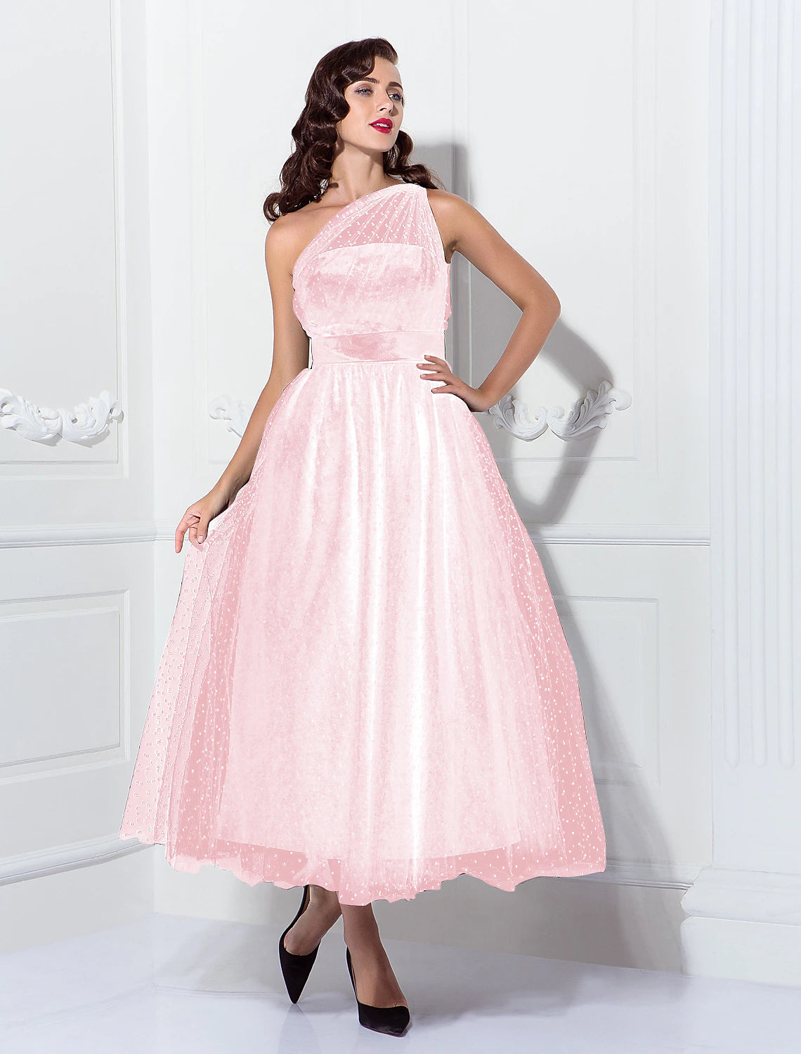 Luolandi A-Line Cocktail Dresses Vintage Dress Wedding Guest Cocktail Party Ankle Length Sleeveless One Shoulder Wednesday Addams Family Tulle with Pleats Pattern