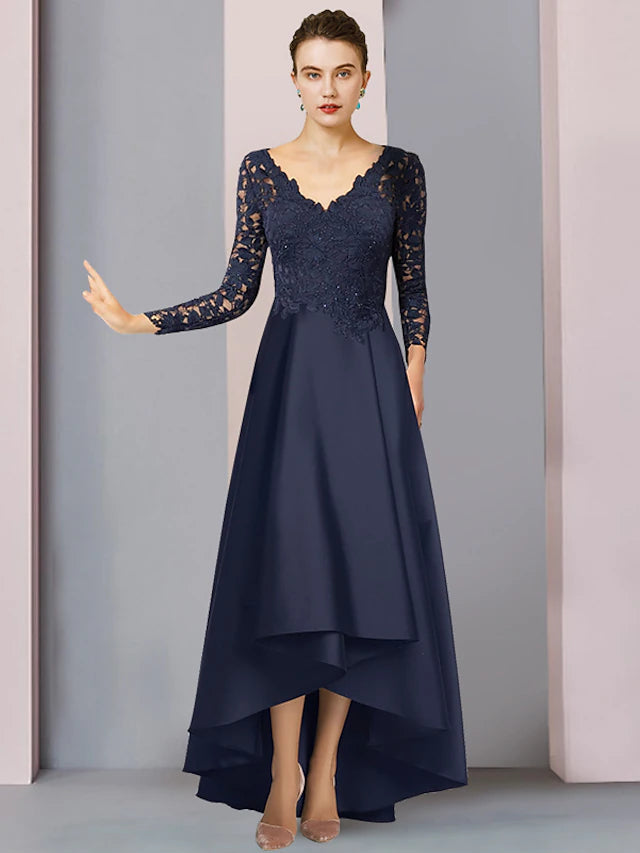 Luolandi A-Line Mother of the Bride Dress Formal Wedding Guest Elegant High Low V Neck Asymmetrical Tea Length Satin Lace Long Sleeve with Pleats