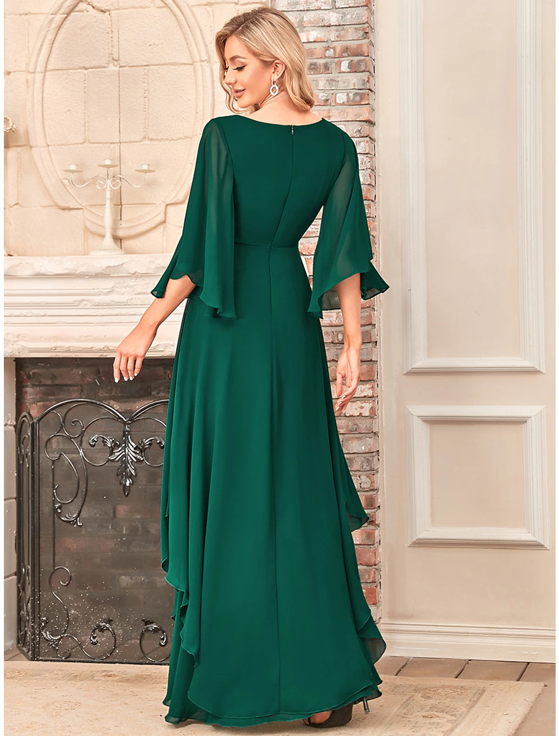 Luolandi A-Line Mother of the Bride Dress Elegant V Neck Floor Length Chiffon Half Sleeve with Sash