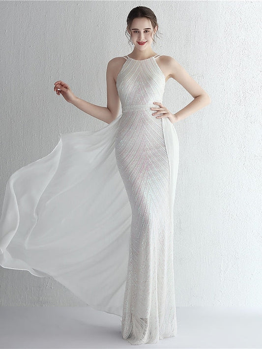 Mermaid / Trumpet Prom Dresses Elegant Dress Formal Floor Length Sleeveless Halter Chiffon with Beading
