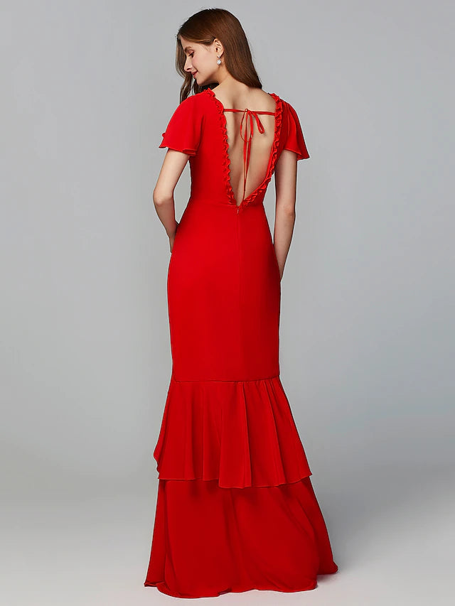 Luolandi Sheath / Column Bridesmaid Dress V Neck Short Sleeve Open Back Floor Length Chiffon with Split