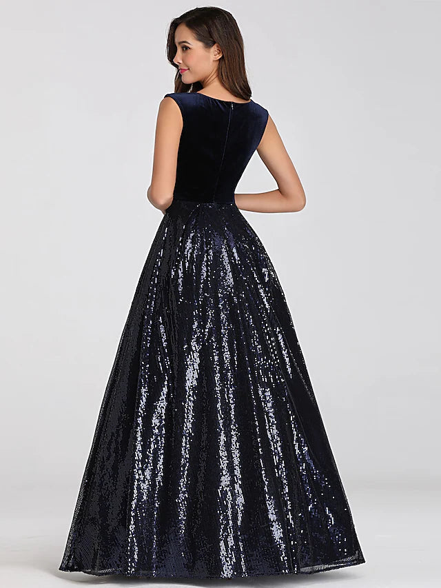 Luolandi A-Line Prom Dresses Elegant Dress Prom Floor Length Sleeveless Plunging Neck Sequined with Sash