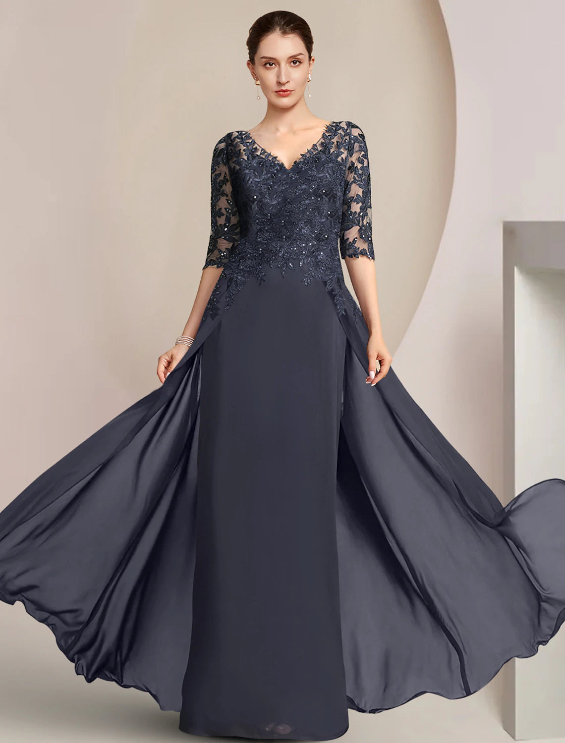 Luolandi Sheath / Column Mother of the Bride Dress Formal Wedding Guest Elegant V Neck Floor Length Chiffon Lace Half Sleeve with Sequin