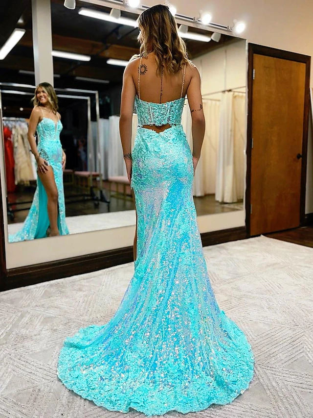 Luolandi Mermaid / Trumpet Prom Dresses High Split Dress Formal Court Train Sleeveless V Neck Sequined