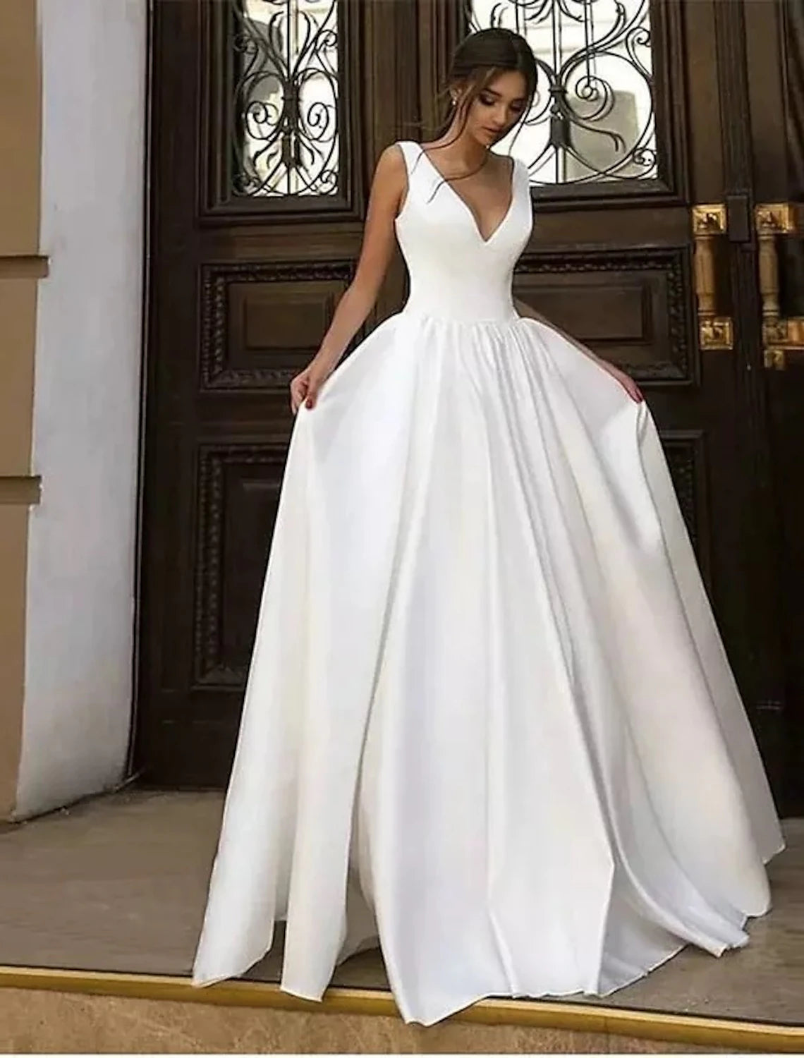 Luolandi Reception Casual Formal Wedding Dresses A-Line V Neck Sleeveless Floor Length Satin Bridal Gowns With Pleats Solid Color Fall Wedding Party