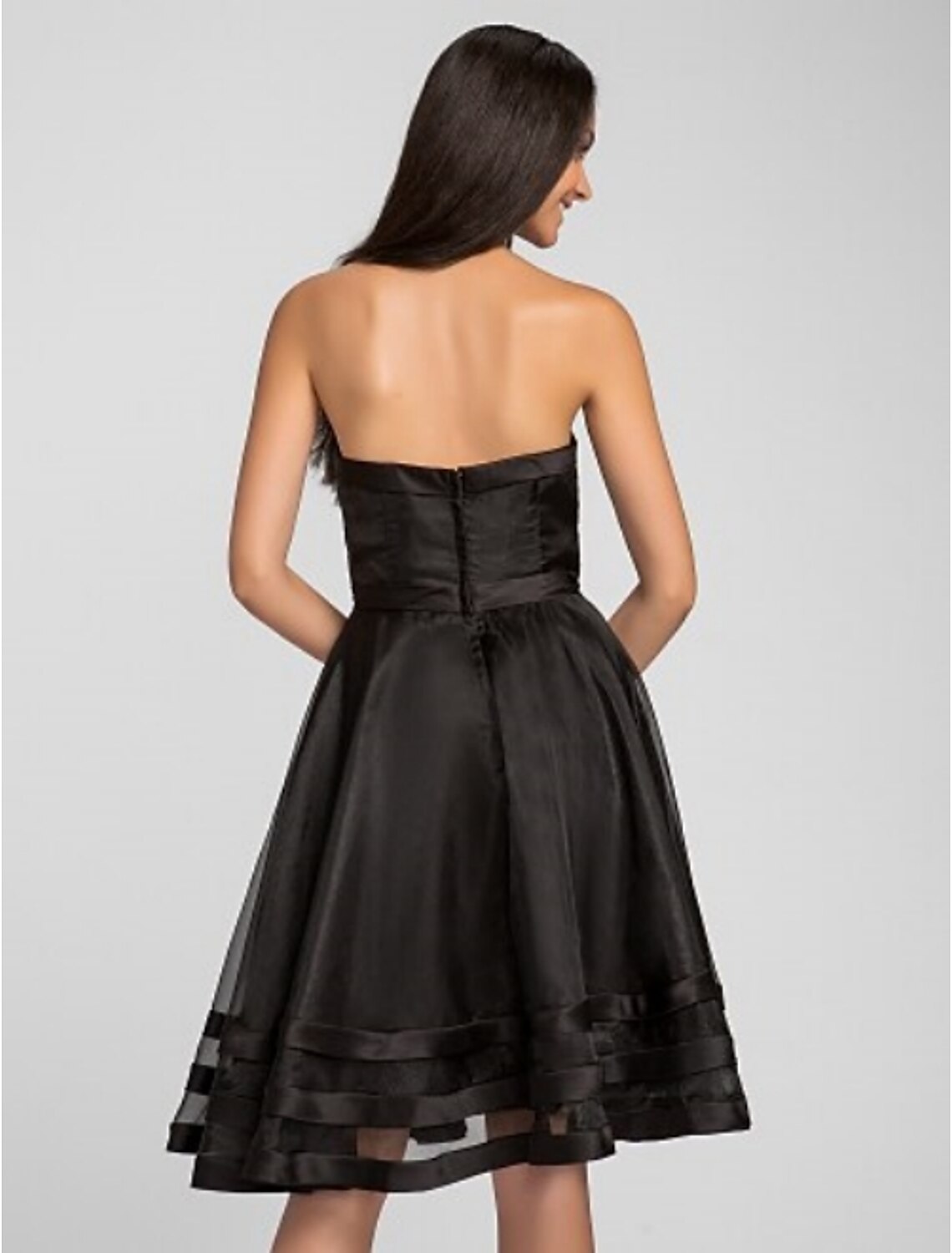 Luolandi A-Line Strapless Knee Length Organza Bridesmaid Dress with Pleats Ruffles