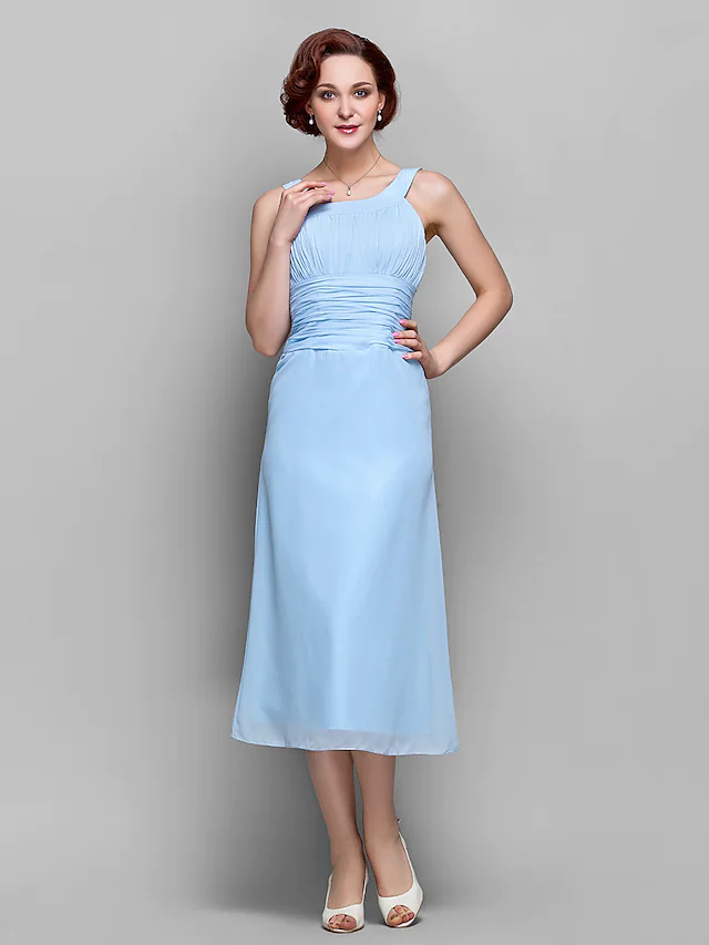 Luolandi Mother of the Bride Dress Elegant Straps Tea Length Chiffon Sleeveless with Ruched Draping Pure Color
