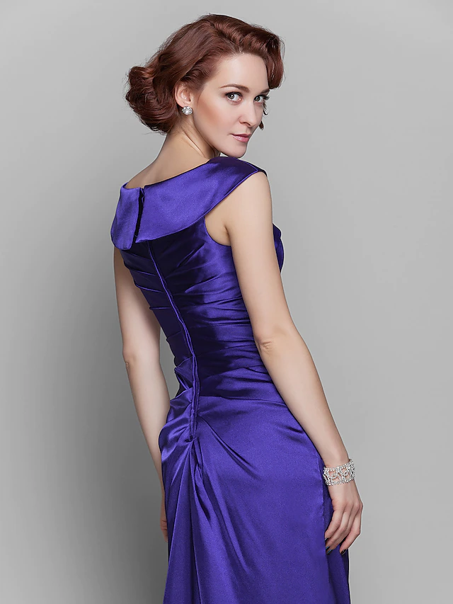 Luolandi Mother of the Bride Dress Elegant Off Shoulder Floor Length Satin Sleeveless with Beading