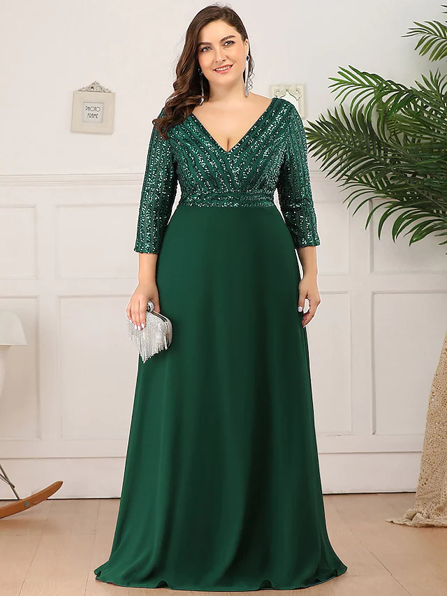 Luolandi Mother of the Bride Dress Plus Size Elegant V Neck Floor Length Polyester 3/4 Length Sleeve with Sequin Dark Green