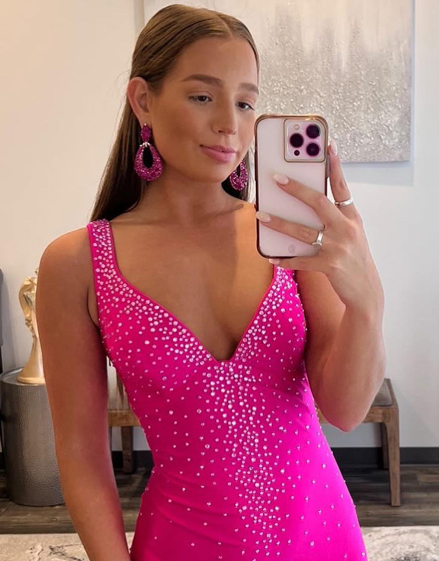 Luolandi Pink Mermaid Prom Dress with Beading V-neck Sexy Evening Dress