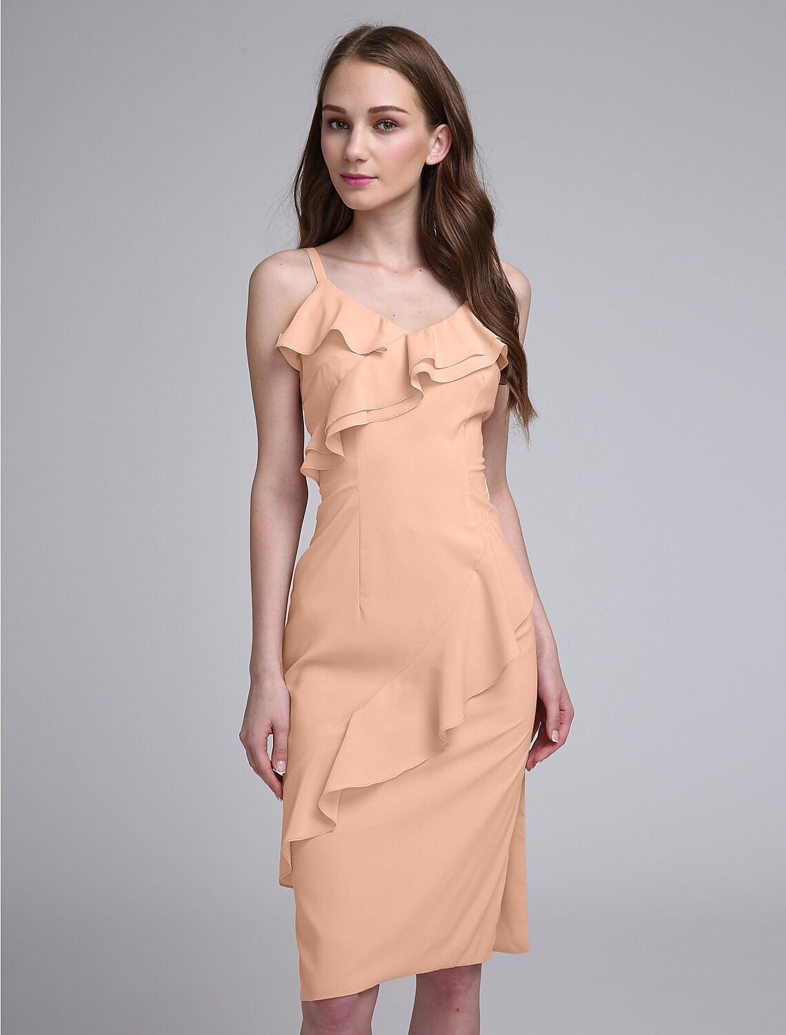 Luolandi Sheath / Column Bridesmaid Dress Spaghetti Strap Sleeveless Elegant Knee Length Chiffon