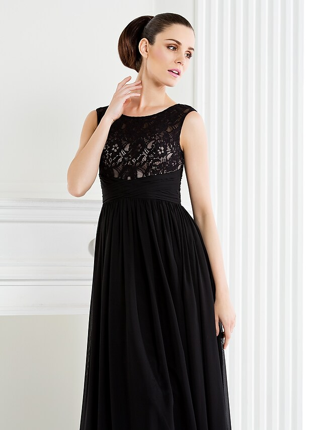 Luolandi A-Line Mother of the Bride Dress Scoop Neck Floor Length Chiffon Lace Sleeveless with Lace Black