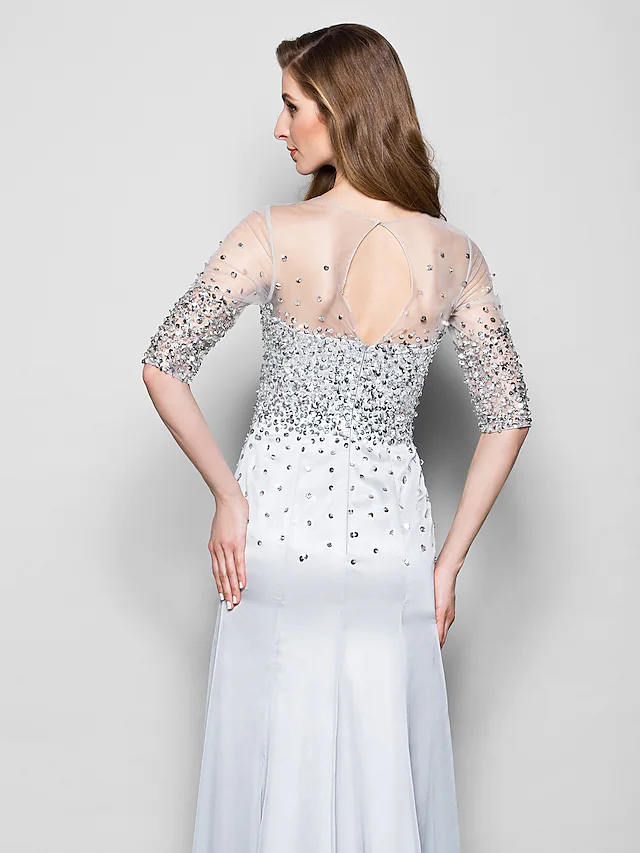 Luolandi A-Line Mother of the Bride Dress Jewel Neck Floor Length Organza Half Sleeve with Beading