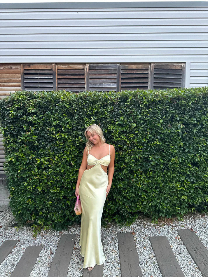 Luolandi Light Yellow Backless Satin Party Dress Wedding Guest Dress Formal Dress