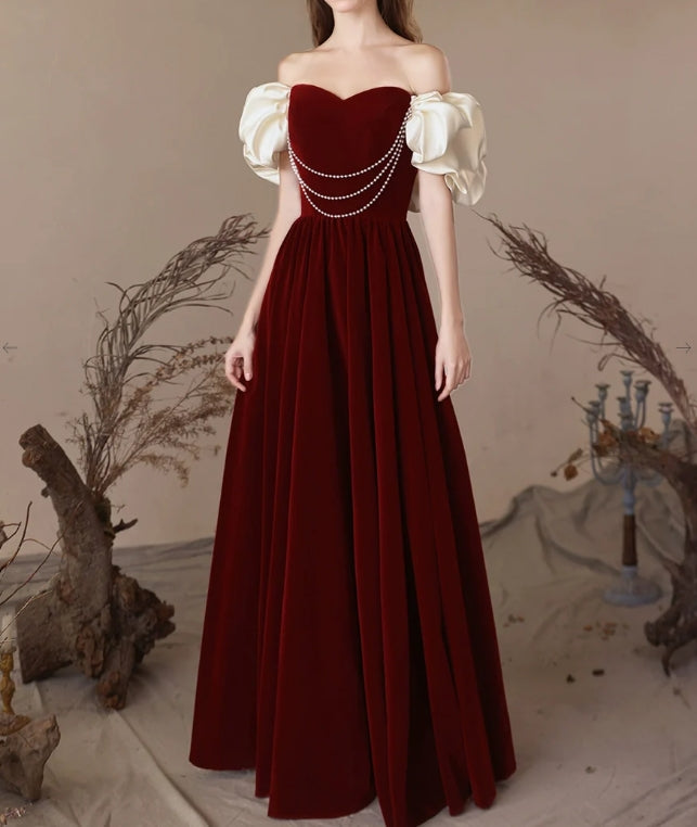 Luolandi A-Line Sweetheart Neck Velvet Burgundy Long Prom Dress Evening Dress Off Shoulder Elegant