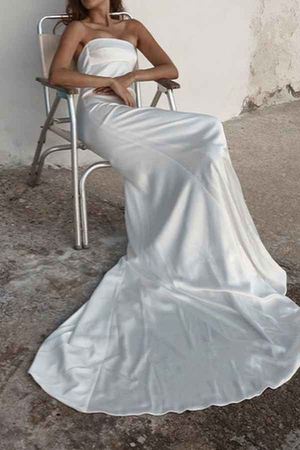 Luolandi Elegant fit strapless sleeveless train summer beach wedding dress Off Shoulder