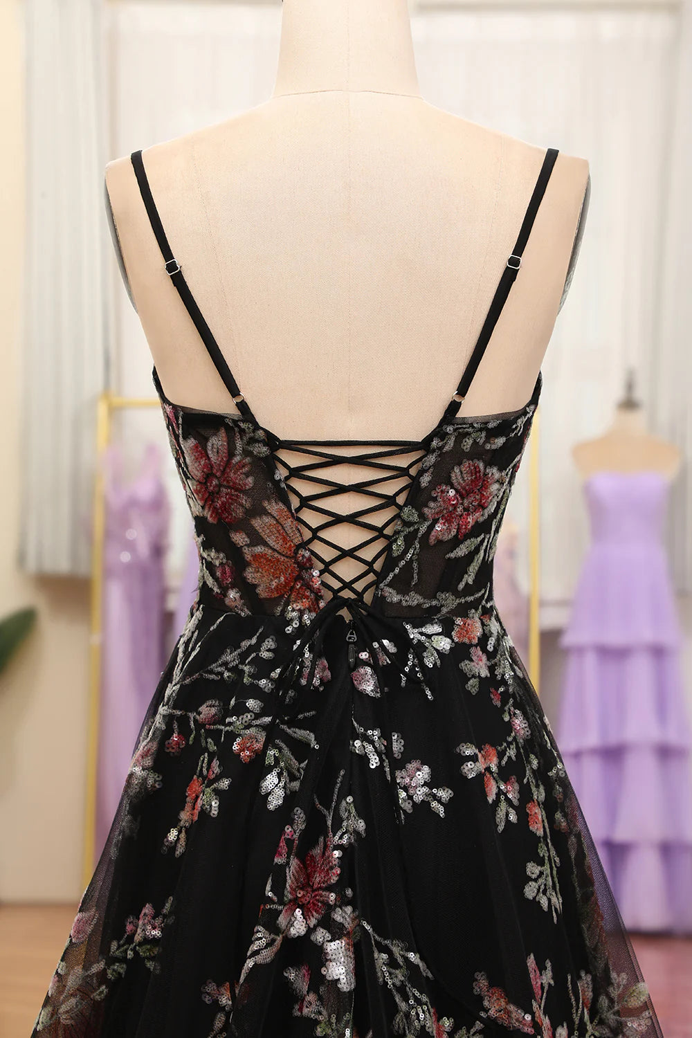 Luolandi A Line Black Floral Spaghetti Straps Printed Long Prom Dress With Flowers Beautiful