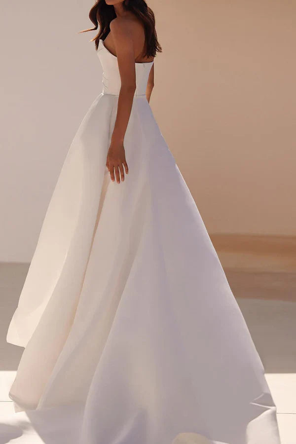 Luolandi Satin boat shaped sleeveless imperial pleated side slit wedding dress Sexy