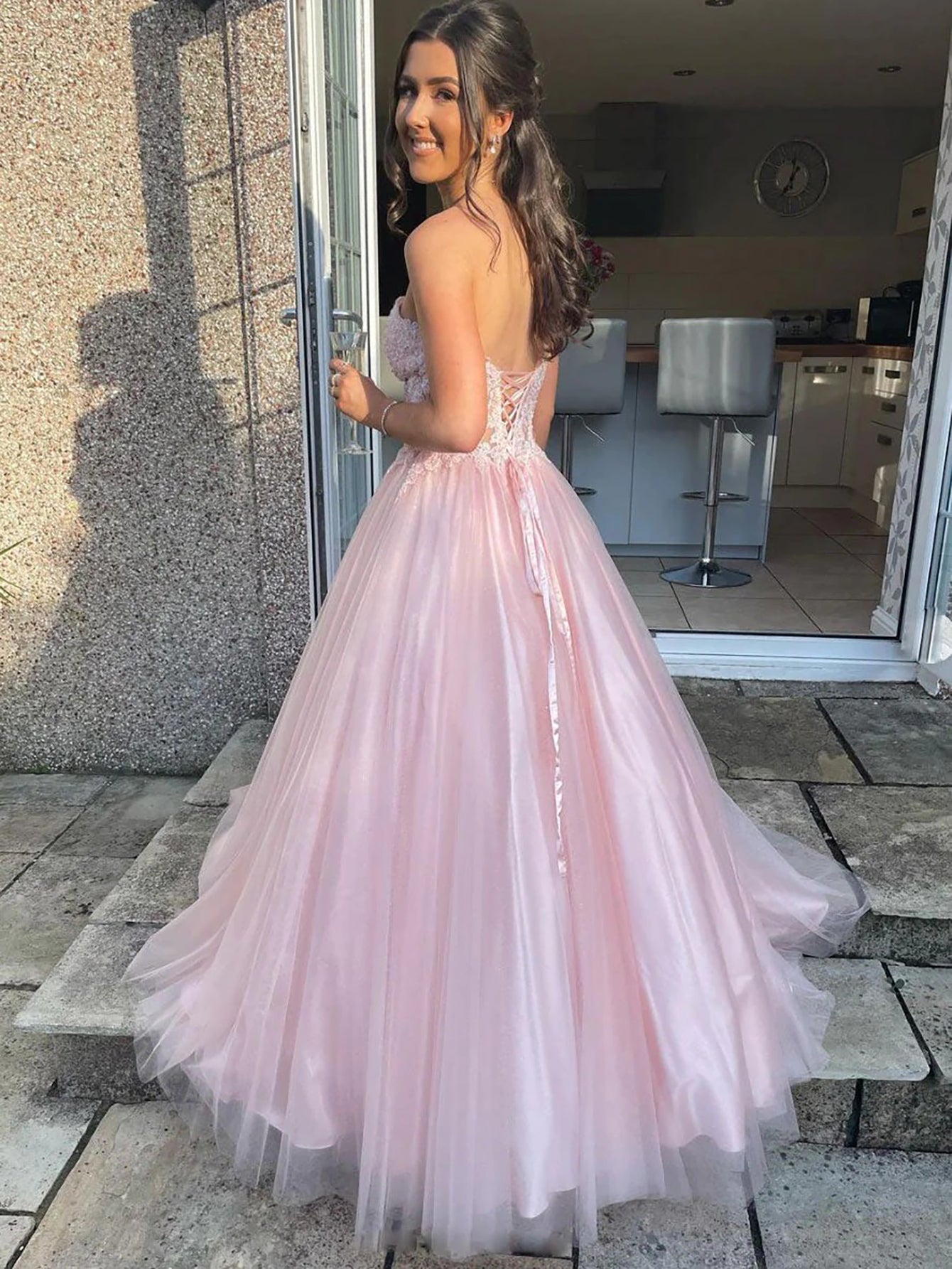 Luolandi Light Pink Tulle Sweetheart Long Prom Dress With Appliques Off Shoulder