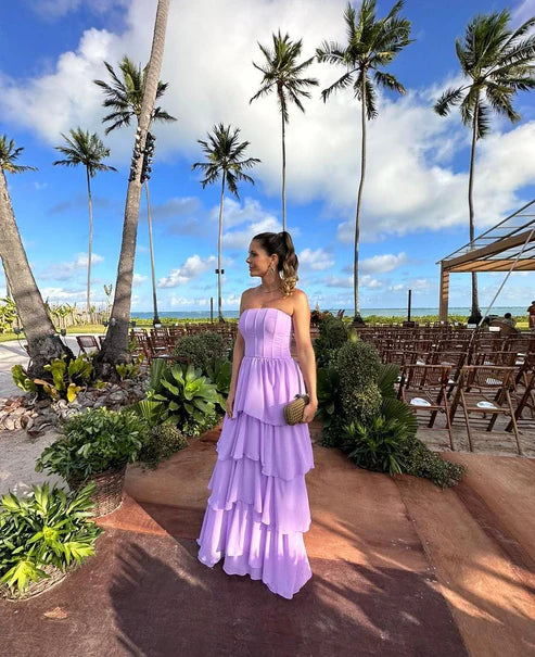 Luolandi Dress Strapless A Line Purple Long Prom Dress Layered Wedding Guest Dress Elegant Evening Party Dress