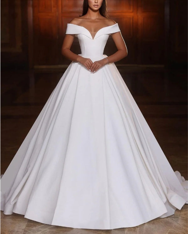 Luolandi Classic Wedding Dress Ball Gown Off The Shoulder Satin Bridal Gown Solid Color Elegant