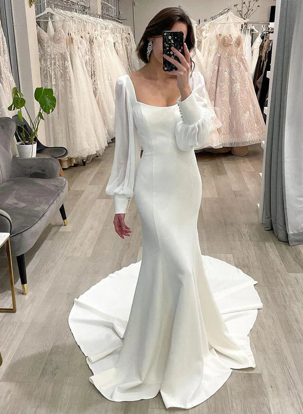 Luolandi Square Neckline Long Sleeves Court Train Satin Mermaid Wedding Dress Simple Elegant