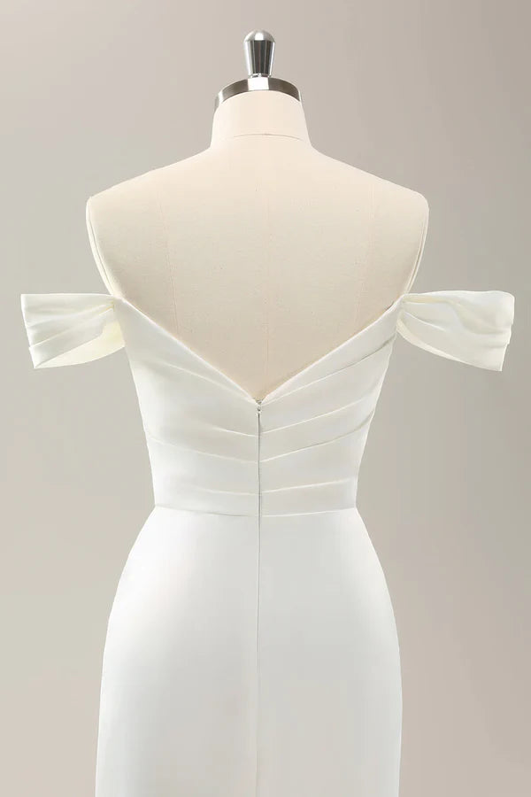 Luolandi slit off shoulder fish tail pleated satin wedding dress Floor Length