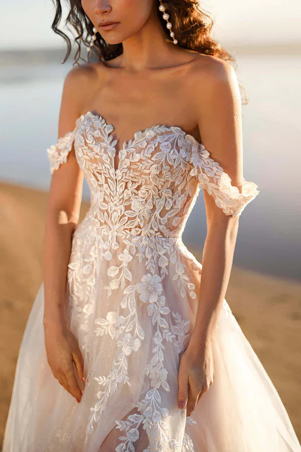 Luolandi Shoulder Drop Lace Applique Princess Wedding Dress With Slit Beautiful