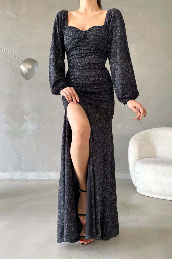 Luolandi Chic and modern sparkling sweetheart long sleeved side slit long evening dress Sexy