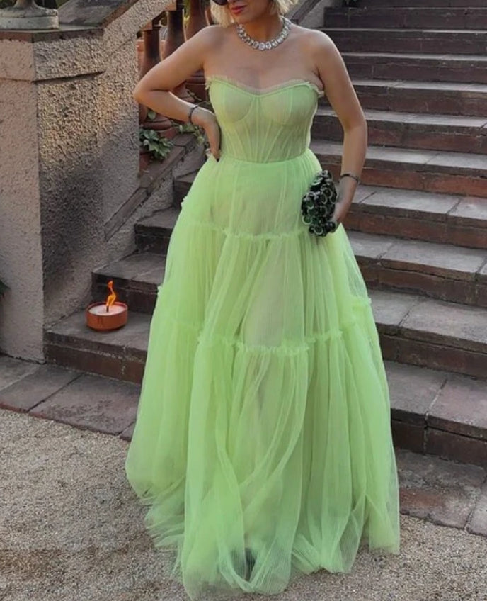 Luolandi Light Green Tulle Ruffled Long A Line Evening Dress Strapless Prom Dress Charming