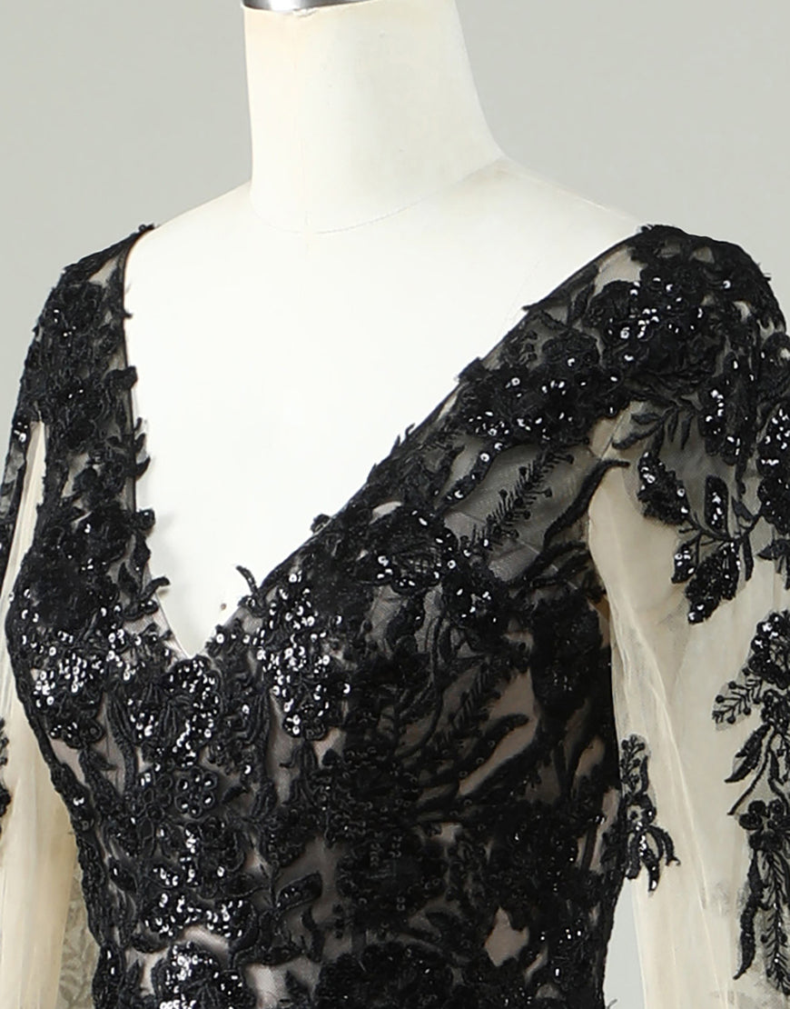 Luolandi Black V Neck Long Sleeves Sequins Wedding Dress With Appliques Sexy