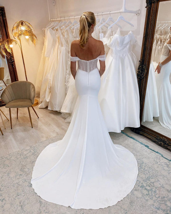 Luolandi Charming Mermaid Off the Shoulder Satin Long Wedding Dresses with Sequins Beautiful