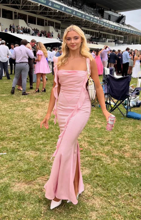 Luolandi Pink Straps Backless Mermaid Elegant Party Dress with Back Slit Evening Dress