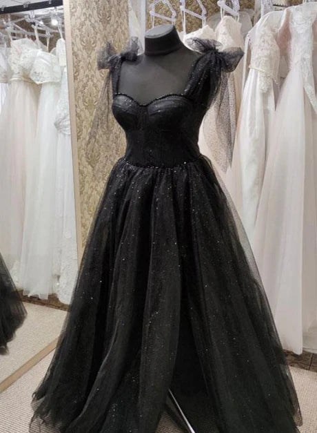 Luolandi Black Tulle Floor Length Long Party Dress with Slit Evening Dresses Sparkly Prom Dress