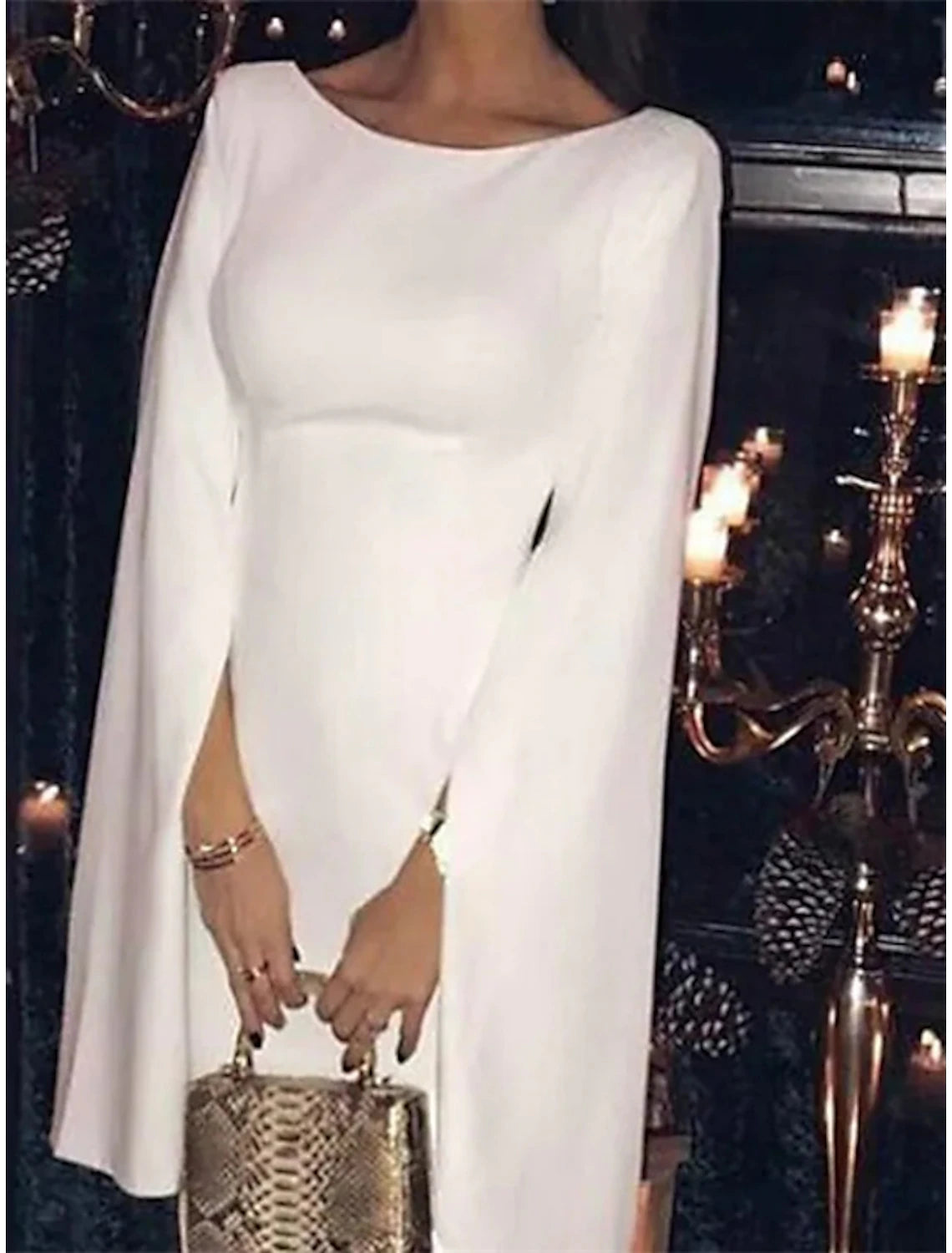 Luolandi Sheath / Column Wedding Guest Dresses Elegant Dress Party Wear Tea Length Long Sleeve Jewel Neck Satin Backless