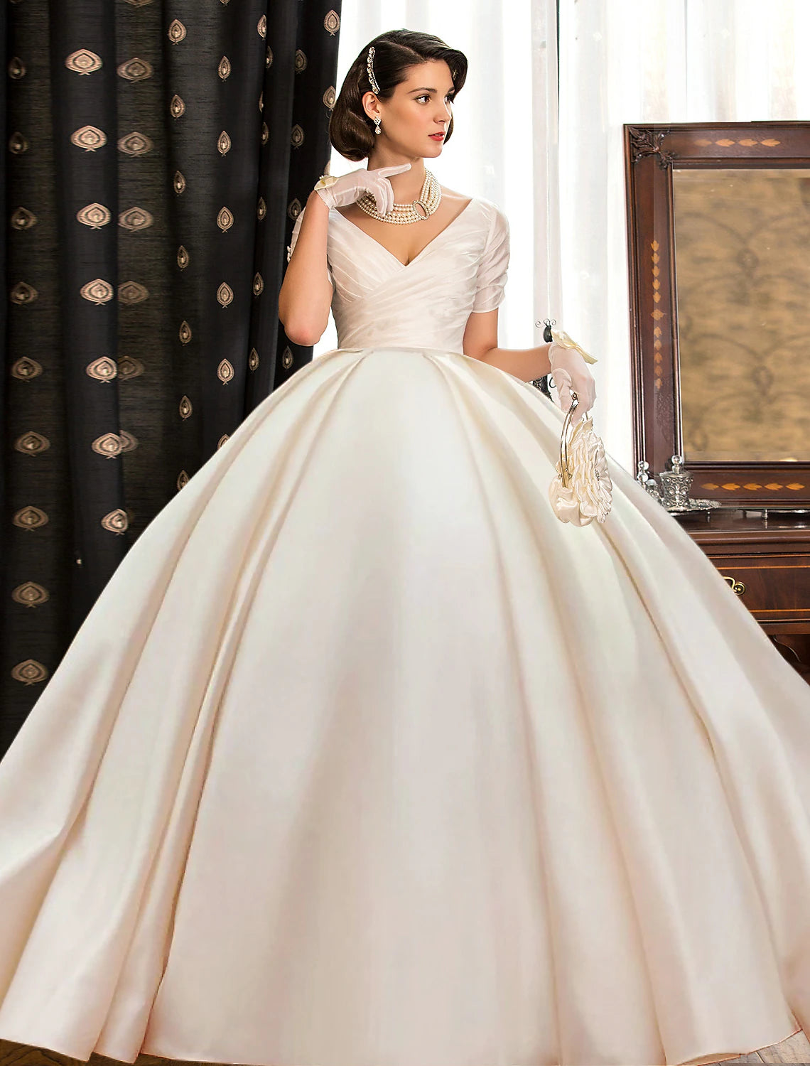 Luolandi Engagement Formal Fall Wedding Dresses Ball Gown V Neck Short Sleeve Court Train Satin Bridal Gowns With Ruched
