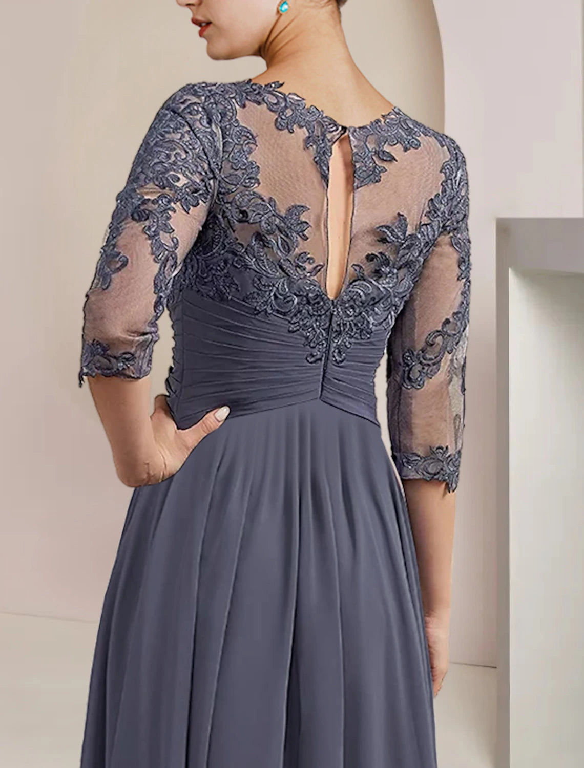 Luolandi Two Piece A-Line Mother of the Bride Dress Formal Wedding Guest Elegant Scoop Neck Tea Length Chiffon Lace 3/4 Length Sleeve Wrap Included with Appliques