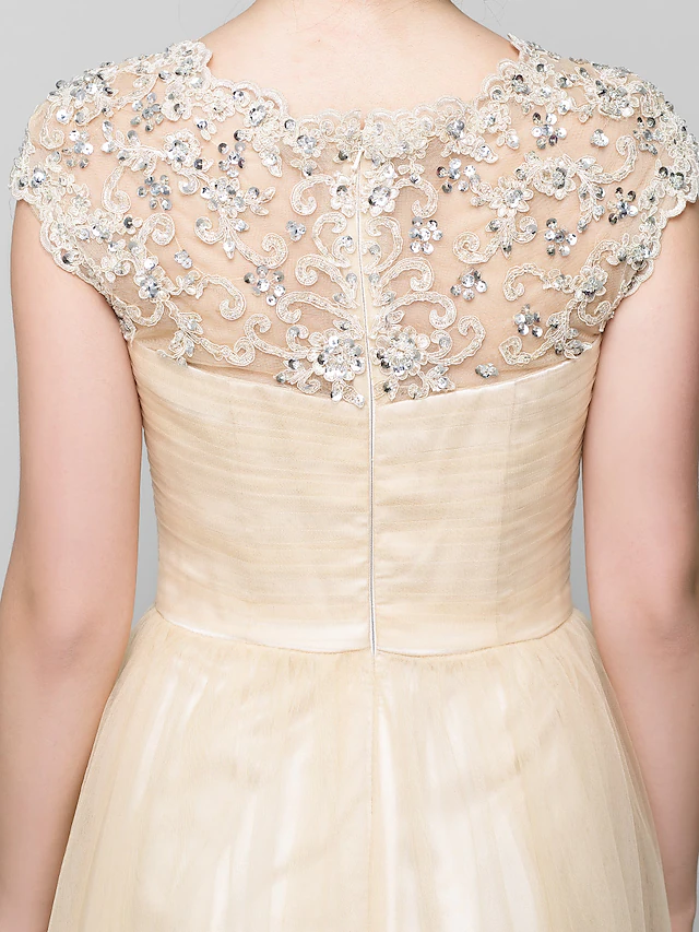 Luolandi A-Line Mother of the Bride Dress See Through Jewel Neck Floor Length Tulle Sleeveless with Beading Champagne