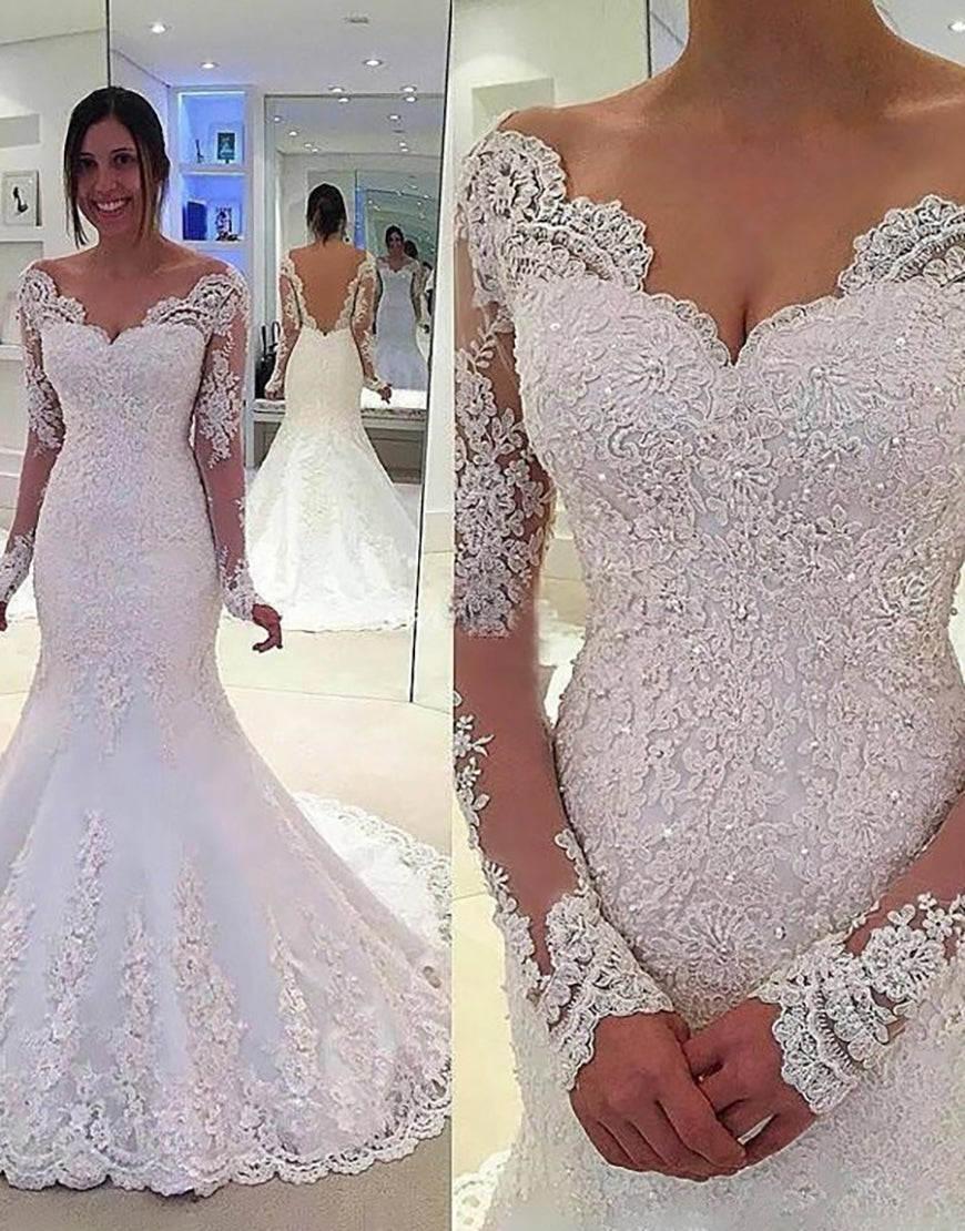Luolandi Mermaid Long Sleeves Open Back Ivory Bridal Dress Wedding Dresses Beautiful