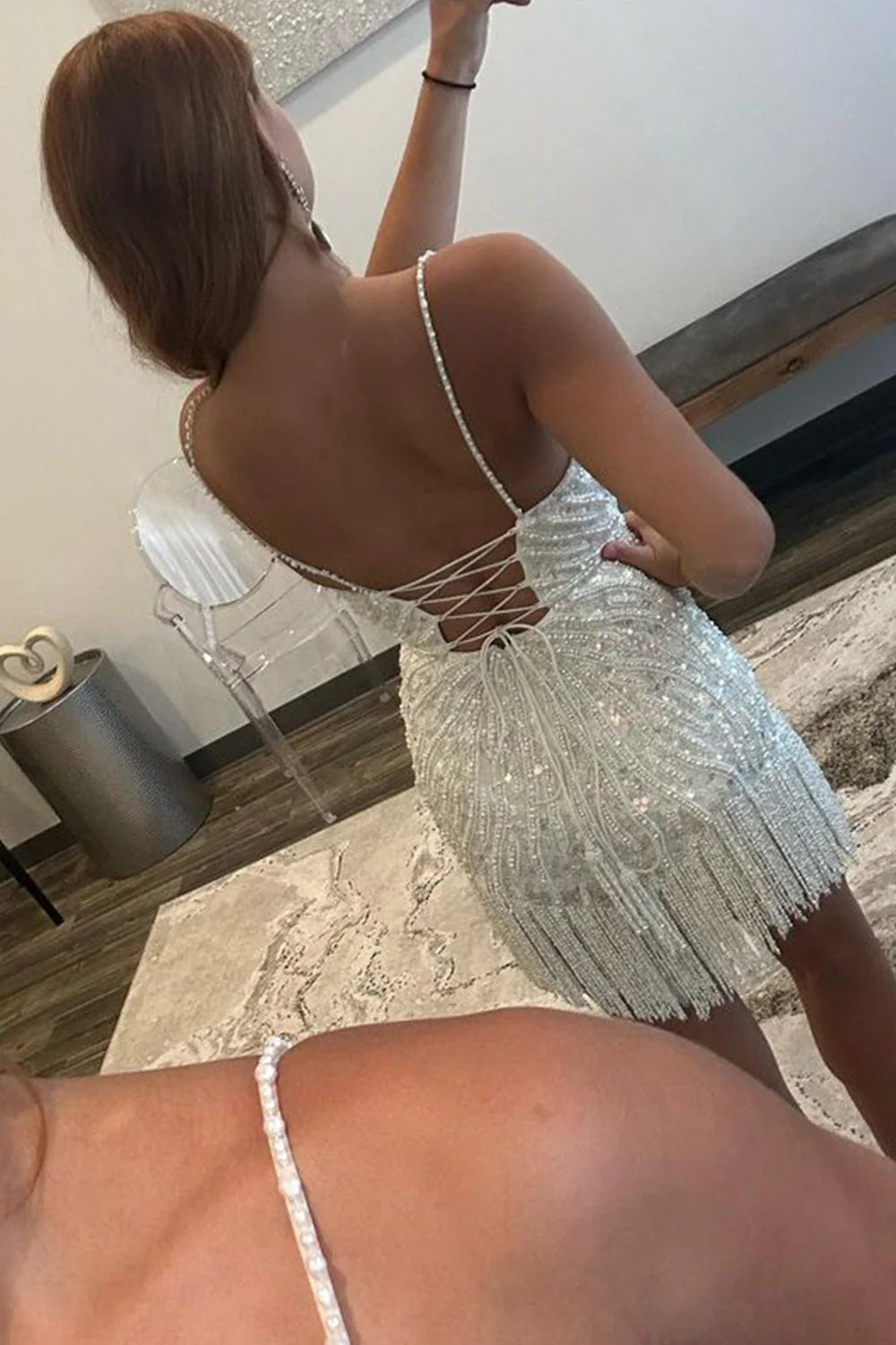 Luolandi Sparkly Sheath Spaghetti Straps Peacock Blue Sequins Short Homecoming Dress With Tassel Sexy