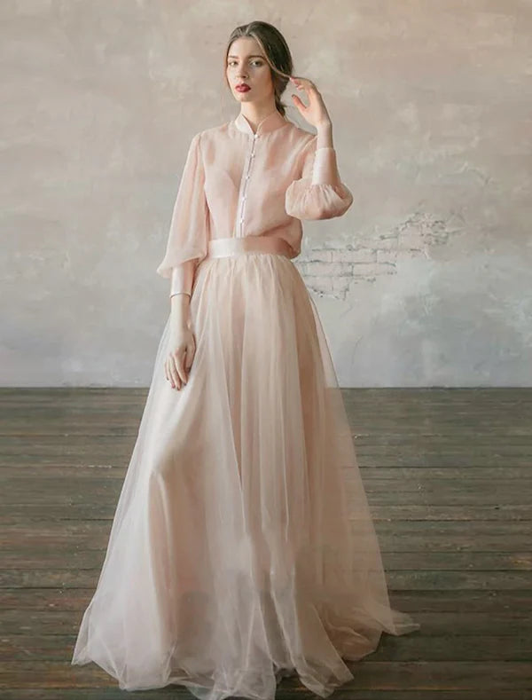 Luolandi Two Piece Party Dress Minimalist Wedding Guest Formal Evening Birthday Dress Stand Collar Long Sleeve Floor Length Chiffon with Tier Beautiful