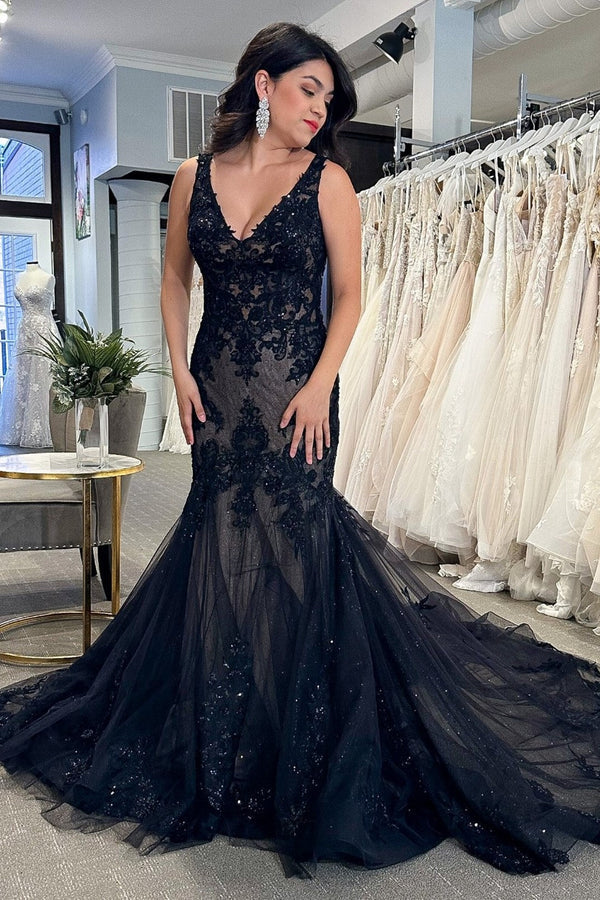 Luolandi Black Tulle Appliques V-Neck Trumpet Long Wedding Dress Sexy