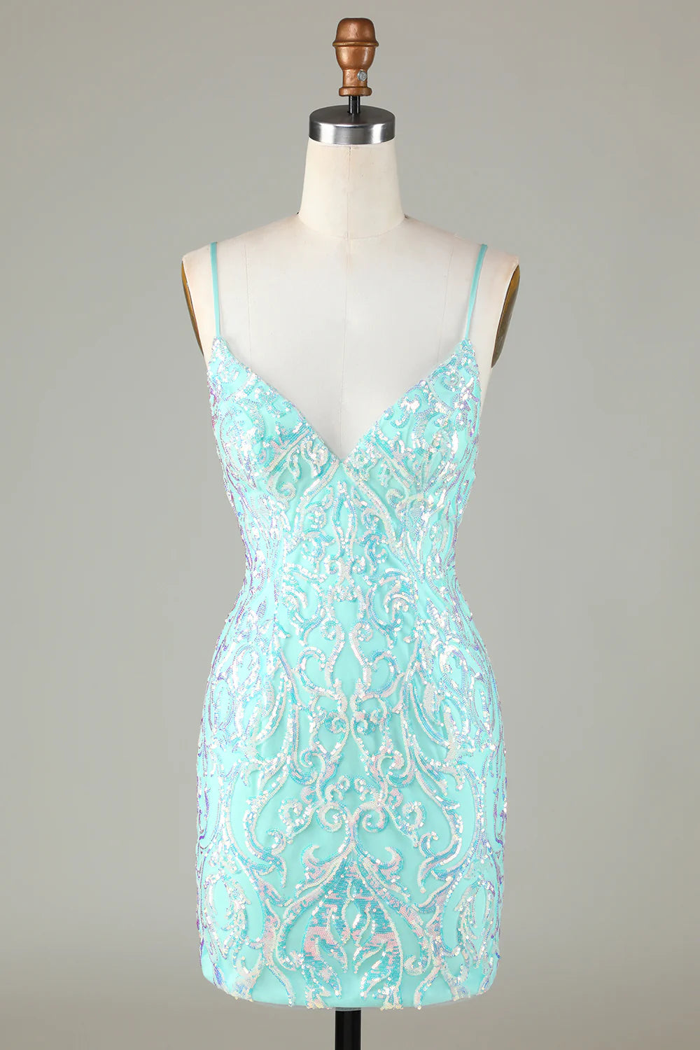 Luolandi Tight Glitter Spaghetti Straps Homecoming Dress V-neck Open Back Short Prom Dress