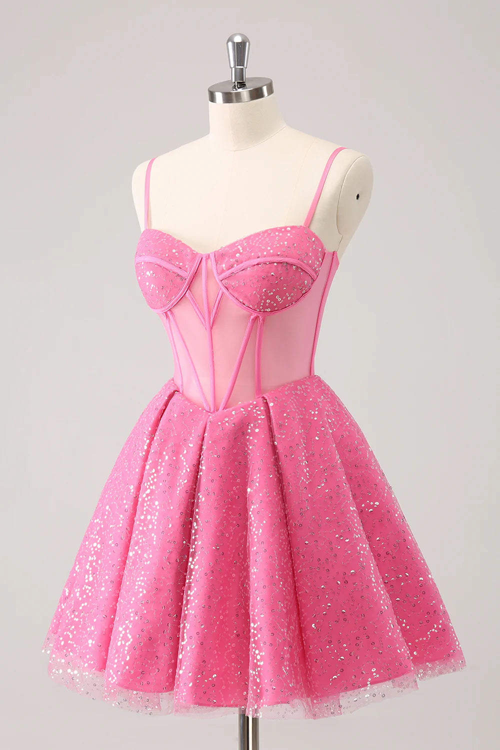 Luolandi Pink A Line Tulle Spaghetti Straps Sparkly Homecoming Dress Beautiful