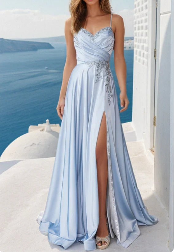 Luolandi Lace-Up-Back Long A-Line Prom Dress With Slit V-neck Evening Dress